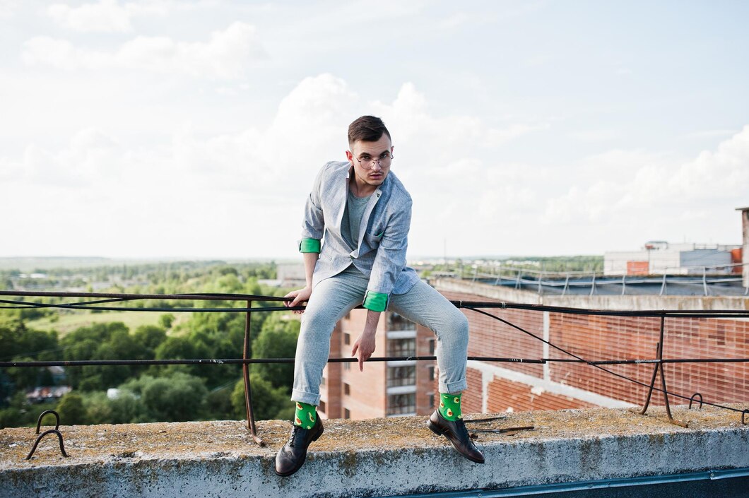 Man in a gray suit with green socks sitting on a rooftop ledge.
