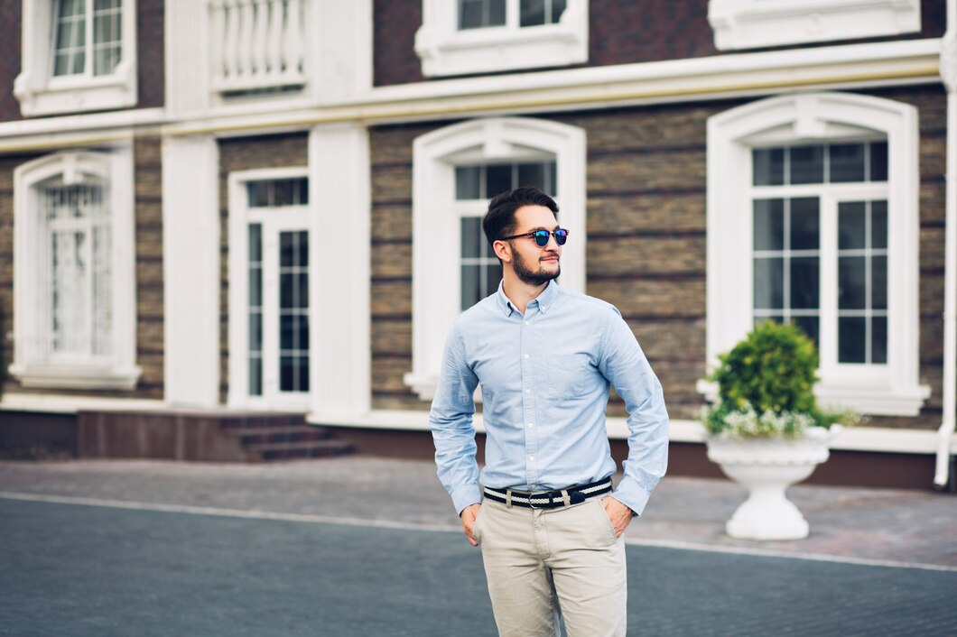 Man in a light blue shirt and beige pants standing confidently in front of a classic building.